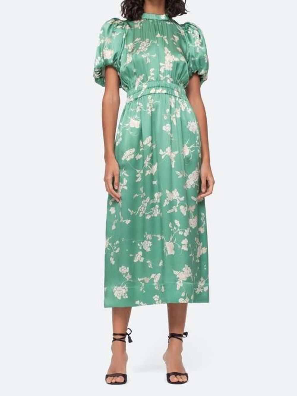 Sea New York Julien Puff Sleeve Silk Midi Dress Mint Green Floral Print XL